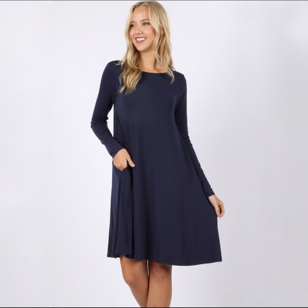 Navy Long Sleeve Pocket Dress - Picture 3 of 4